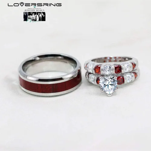 Miniatura 3 de Conjunto de dos anillos de boda para él y para ella, anillos para parejas. Anillos de compromiso para novia en acero inoxidable chapado en oro Blanco