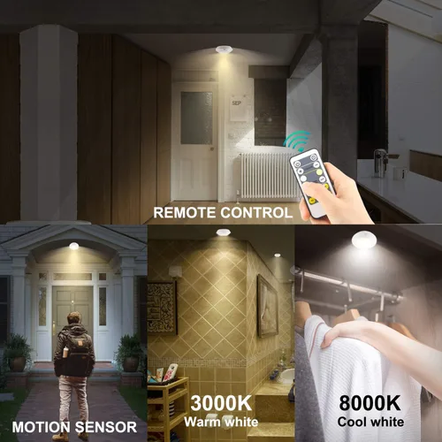 Miniatura 3 de HONWELL Lámpara de techo LED a pilas, luz de techo con sensor de movimiento, luz de ducha inalámbrica con control remoto RF de 80 pies a través