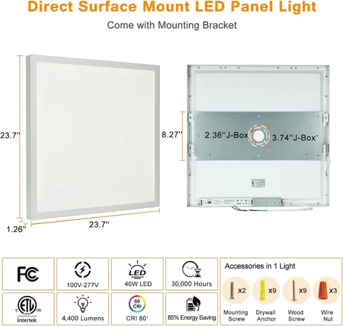 Miniatura 8 de Lámpara de panel plano LED negra de 1x4 pies, montaje en superficie, 5000K-4000K-3000K seleccionable y regulable Triac, lámpara de techo rectangular