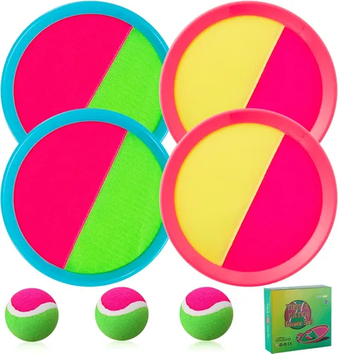 Juegos de playa, juguetes al aire libre para niños de 4 a 8 años, juego de pelotas para lanzar y atrapar, con 4 paletas, 3 bolas y 1 bolsa de