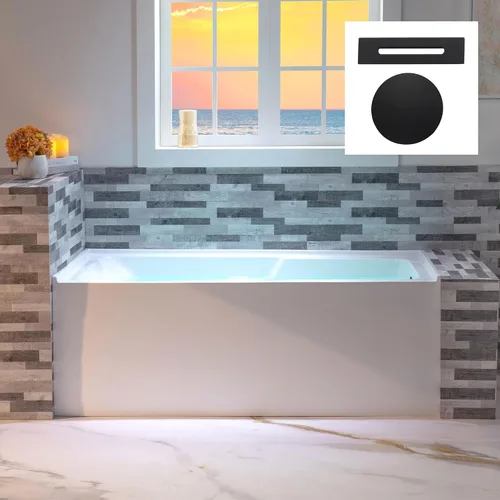 WOODBRIDGE Bañera rectangular de acrílico de 60 pulgadas en blanco con drenaje derecho, desagüe desplegable negro mate incluido BA6030R Mate negro