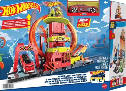 Miniatura 7 de Hot Wheels City con 1 coche de juguete, ascensor impulsado por niños, rampa tipo agua, características de pista de juego, se conecta a otros