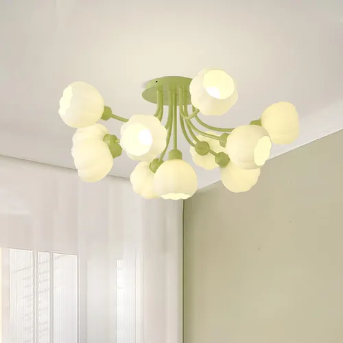 Miniatura 9 de Lámpara de techo verde de 7 luces, lámpara de cristal acanalada, luces de montaje semiempotradas con pantalla de globo de vidrio, iluminación