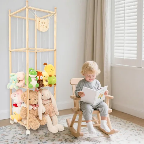 Miniatura 8 de Organizador de zoológico de almacenamiento de animales de peluche, soporte alto de torre de madera para juguetes de peluche grandes, exhibición