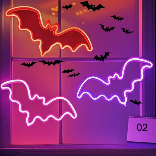 Miniatura 20 de Letreros de neón de murciélago para dormitorio, mesita de noche, decoración de pared, decoración de Halloween, luces LED de noche, adornos de mesa
