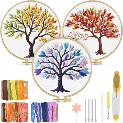 Miniatura 14 de TINDTOP Kit de bordado para adulto, paquete de 3 piezas de bordado para bricolaje, con patrones estampados, aro, herramientas, hilos coloridos