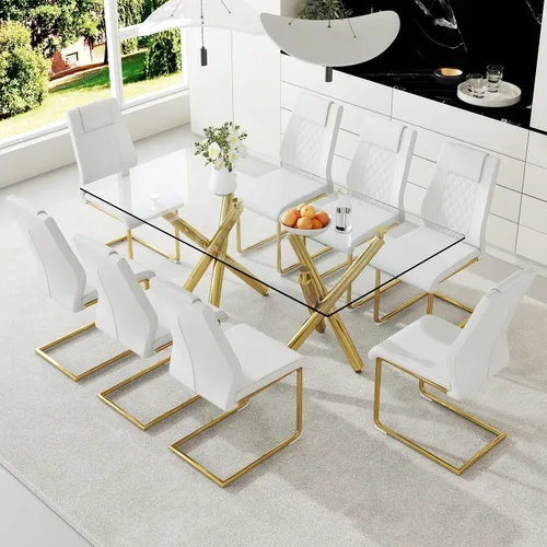 Miniatura 23 de Ebullient Moderno juego de mesa de comedor para 6, mesa de comedor de cristal de 71 pulgadas y patas de mesa de metal dorado, mesas de comedor