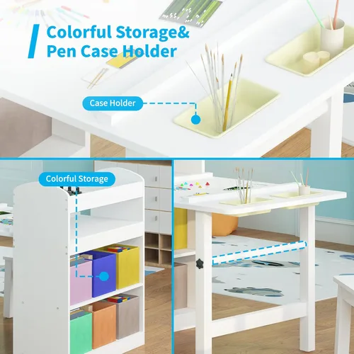 Miniatura 5 de Mjkone Juego de mesa de arte y 2 sillas para niños, juego de mesa de madera para niños con almacenamiento de suministros, contenedores de lona