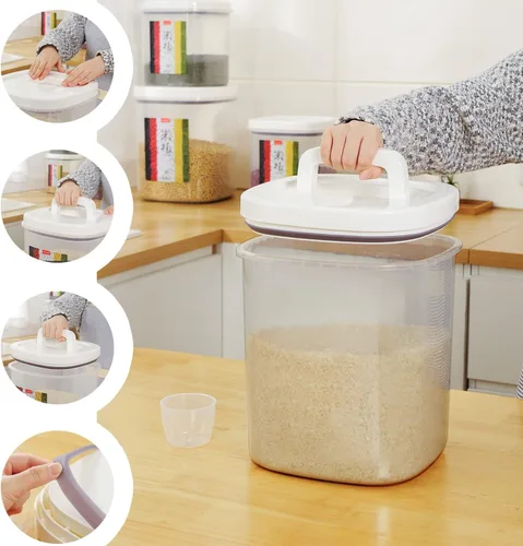 Miniatura 9 de Dispensador de arroz, contenedor de arroz de 10 libras con taza medidora, contenedores de cereales para alimentos, contenedores domésticos