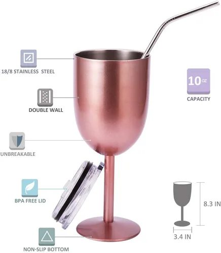 Miniatura 2 de AMZUShome Copas de vino de acero inoxidable (paquete de 2). Vaso de vino de doble pared aislado al vacío con tapa y pajita. Amistad, Navidad, Oro