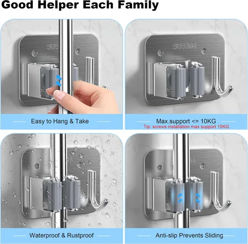 Miniatura 5 de Paquete de 2 soportes de pared para escobas, organizador de trapeador de acero inoxidable 304 con ganchos, sin adhesivo para taladro e instalación