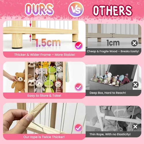 Miniatura 5 de Almacenamiento de animales de peluche: organizador grande de almacenamiento de juguetes de madera con 1 red de almacenamiento extraíble para colgar