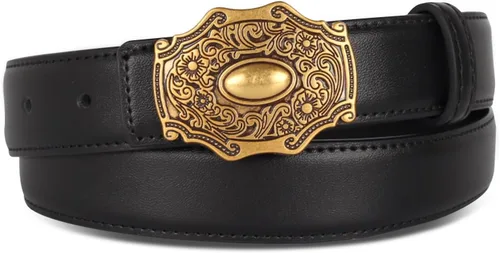 Miniatura 252 de Cinturón de cuero clásico con hebilla de metal para mujer con vestido de jeans