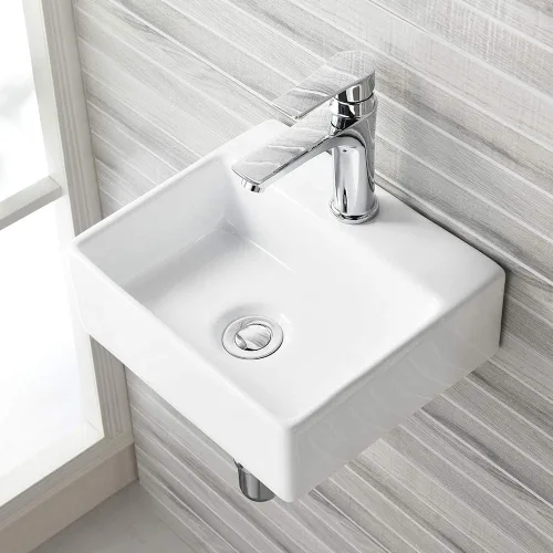 Miniatura 5 de Fregadero de baño de montaje en pared, fregadero de 13.4 x 11.5 pulgadas con soporte para grifo, lavabo rectangular de cerámica de porcelana blanca