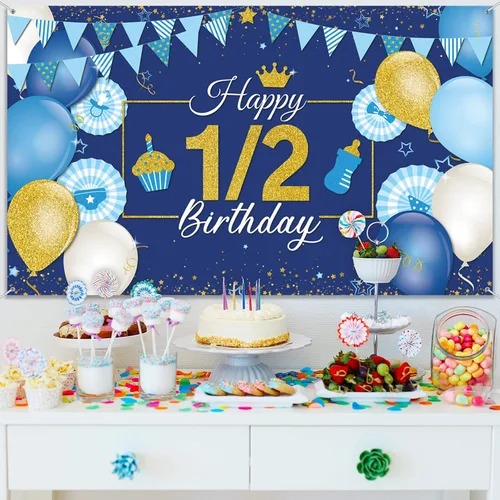 Miniatura 5 de Tatuo Decoración de fondo de cumpleaños de 1/2, 72.8 x 43.3 pulgadas, pancarta azul y dorada de medio año, suministros de fiesta de cumpleaños de 6