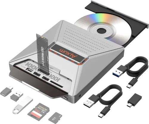 Alxum Unidad externa de CD y DVD para laptop, reproductor de CD portátil 7 en 1, grabadora de DVD con interfaz M.2 NVMe/USB 2.0 y ranura para Gris