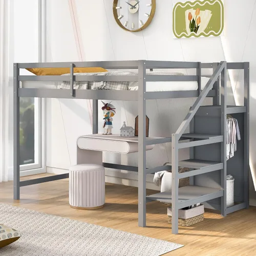 Miniatura 12 de Cama alta moderna con cajones de almacenamiento y escaleras, cama de madera tamaño individual con estantes y barandillas, para niños, niñas