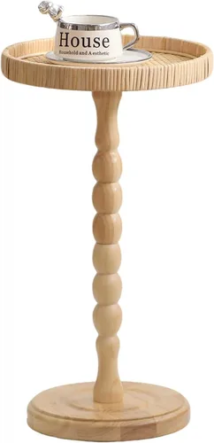 Miniatura 11 de Mesa auxiliar redonda de ratán pequeña para espacios pequeños, mesa auxiliar circular bohemia con patas de madera maciza para sala de estar, mesa