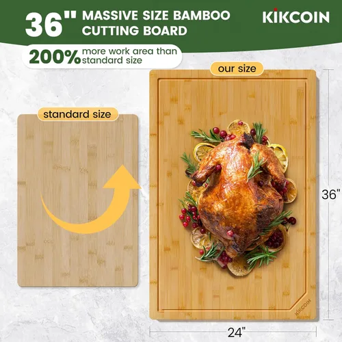 Miniatura 2 de Tabla de cortar de bambú extra grande de 36 pulgadas para cocina, tabla de cortar de madera con ranura profunda para jugo y mango, tabla de cortar