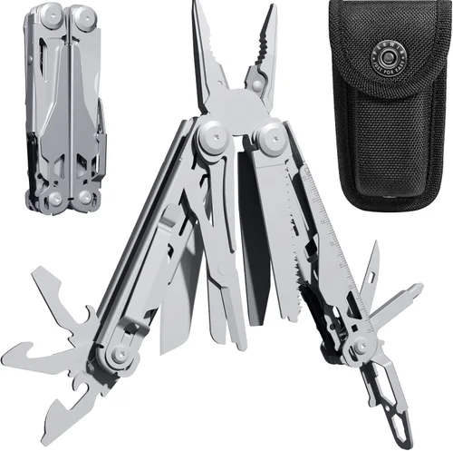 Miniatura 9 de PERWIN Multiherramienta, alicates multiherramienta de acero inoxidable 17 en 1 con autobloqueo, cuchillo de bolsillo, funda de nailon