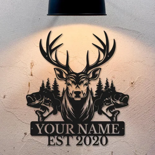 Letreros de metal personalizados con nombre, arte de pared, arte decorativo de hierro, decoración de metal para el hogar y el jardín (ciervos y