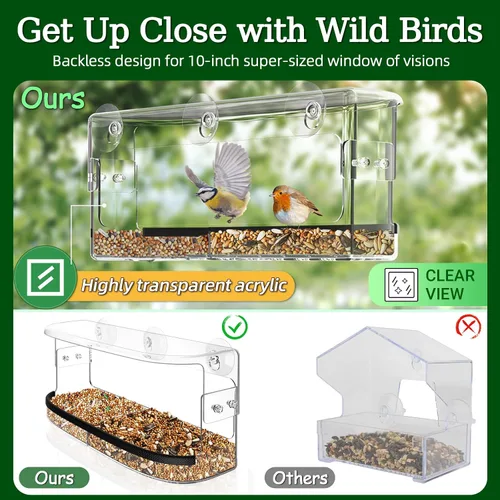 Miniatura 5 de Ermete Comedero para pájaros de ventana con ventosas fuertes, alimentador transparente de visión grande, bandeja de semillas, 13 x 5.5 x 4.2
