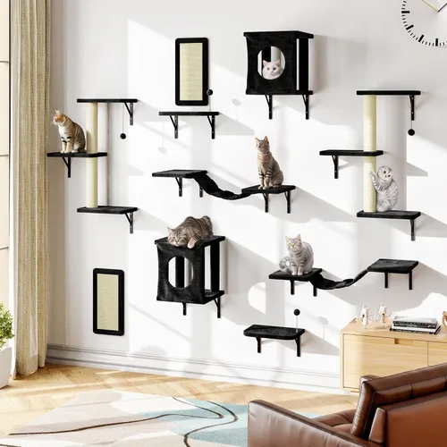 Miniatura 13 de NUNU LAB Juego de muebles para gatos montados en la pared, juego de 6 piezas para escalar con casa, puente, escalones, tabla rascadora - Paredes