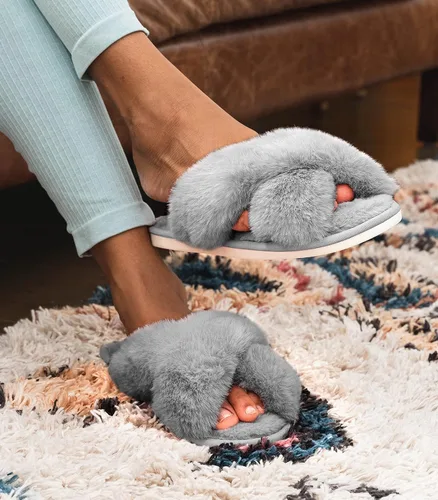 Miniatura 2 de Ankis - Pantuflas negras, grises y blancas para mujer, mullidas, afelpadas y cómodas con banda cruzada, espuma viscoelástica y punta abierta