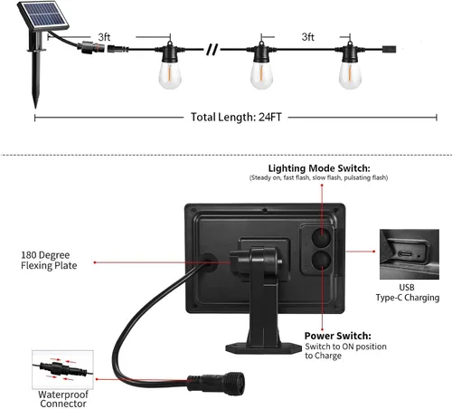 Miniatura 2 de SUNTHIN - Cadena de luces solares de 24 pies, luces solares recargables por USB para exteriores con bombillas LED impermeables e inastillables