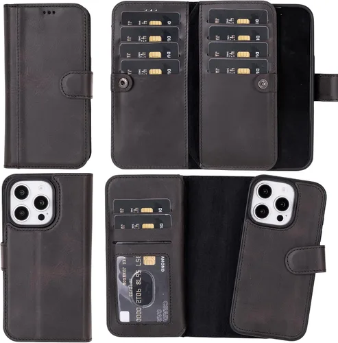 Miniatura 43 de HARDISTON Funda de piel auténtica de alta calidad hecha a mano para iPhone 11 Pro de 5.8 pulgadas, tarjeteros de doble folio, funda magnética Negro