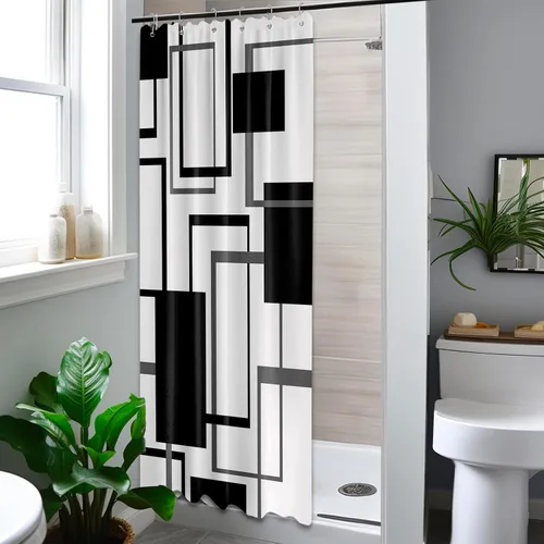 Miniatura 5 de Cortina de Ducha en Blanco y Negro Geométrica Cortinas de Ducha para Decoración de Baños de Hombres Juego de Cortina de Baño en Negro Blanco y Gris