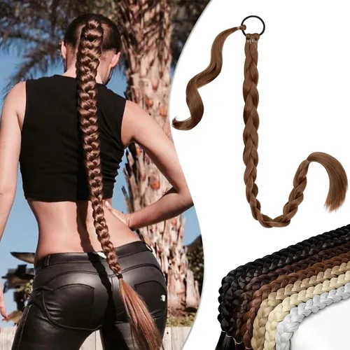 Miniatura 10 de Extensión de cola de caballo larga trenzada con banda para el cabello, color marrón claro, extensiones de cabello sintético suave y natural