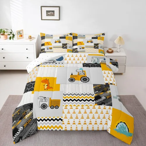 Miniatura 4 de Feelyou Juego de edredón de construcción tamaño completo para niños, diseño de dibujos animados de coche, excavadora, tractor, edredón para niños