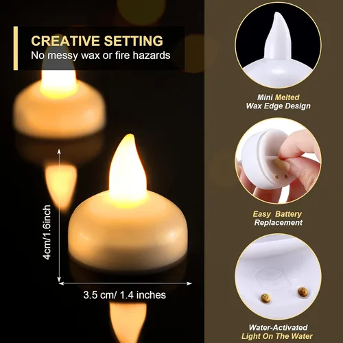 Miniatura 5 de Honoson Paquete de 36 velas flotantes LED sin llama de 1.6 pulgadas, impermeables, funcionan con pilas, velas flotantes parpadeantes para centros