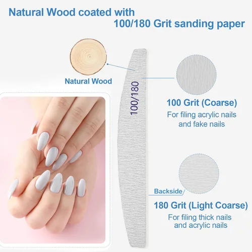 Miniatura 3 de Limas de uñas (paquete de 50), lima de uñas de madera de grano 100/180, lima de uñas de doble cara de madera Emory para uñas naturales, profesional