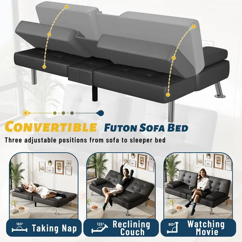 Miniatura 7 de Furmax Sofá Cama Futón Ajustable Sofá Cama Futón Sleeper para Sala de Estar, Oficina de Negocios, Sofás Reclinables con Portavasos (Cuero PU, Negro)