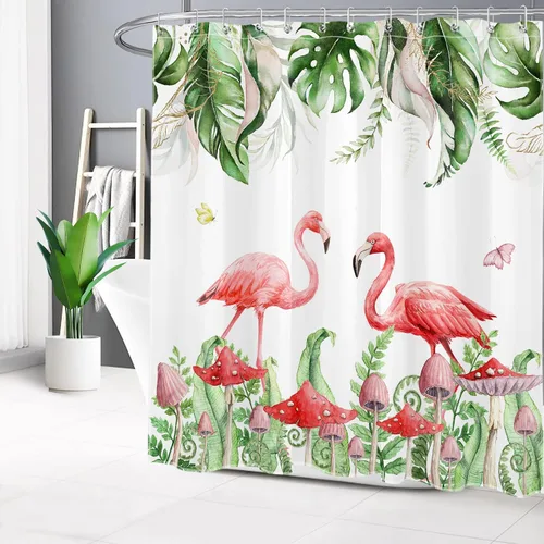 Miniatura 21 de Juego de cortinas de ducha de flamenco rosa, hoja verde salvia con hongo rojo, cortina de ducha para baño, cortina de ducha tropical de hoja