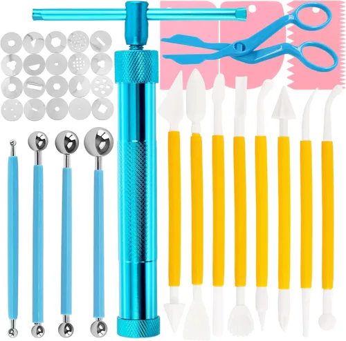 Swpeet 36 pistolas extrusoras de arcilla azul, pasta de azúcar para fondant, pistola de escultura de pastel de arcilla, herramienta de punteado con