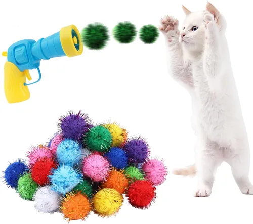 Miniatura 2 de Dorhui Lanzador de pistola de juguete para gatos, 30 bolas de pompones brillantes y lanzador de bolas de gato, disparador de pistola de juguete