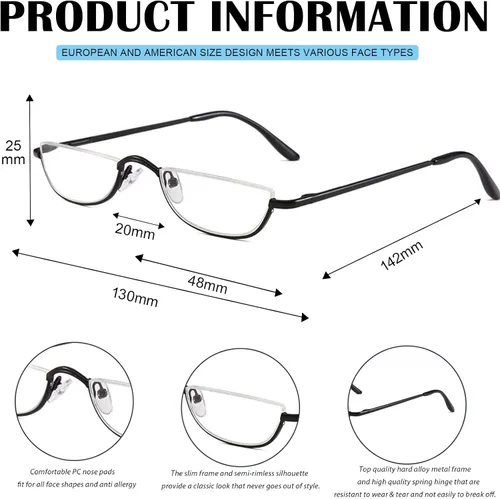 Miniatura 3 de Viseng Gafas de lectura de medio marco para mujer y hombre, lentes de media luna delgadas, lectores de metal con montura semi desmontable +1.0