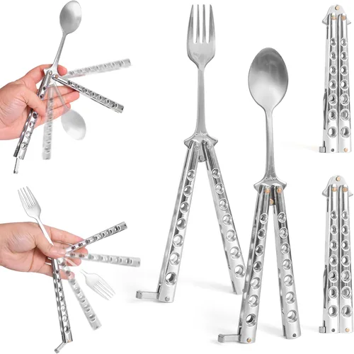 Miniatura 11 de Cuchillo táctico de mariposa estilo tenedor plegable de acero inoxidable herramienta de barbacoa camping, senderismo, cocina, parrilla, utensilios