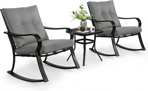 Miniatura 9 de SUNCROWN Juego de 3 sillas mecedoras para exteriores, muebles de acero negro con cojín grueso y mesa de centro de cristal, color rojo