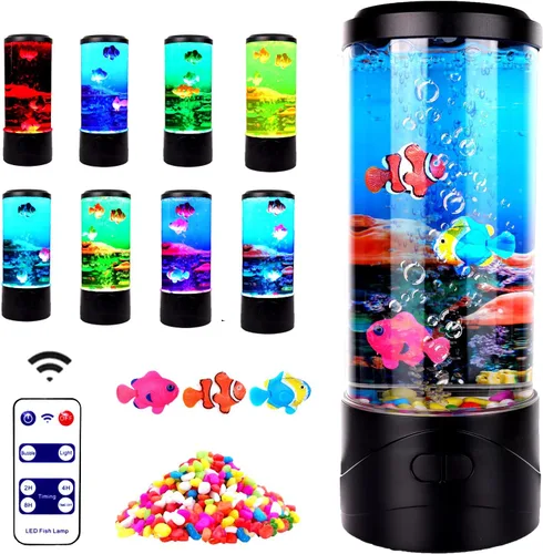 Toycol - Lámpara de peces burbujas, sensorial del océano, LED de 8 colores que cambian, luz nocturna para peces, mini acuario de peces para mesa,