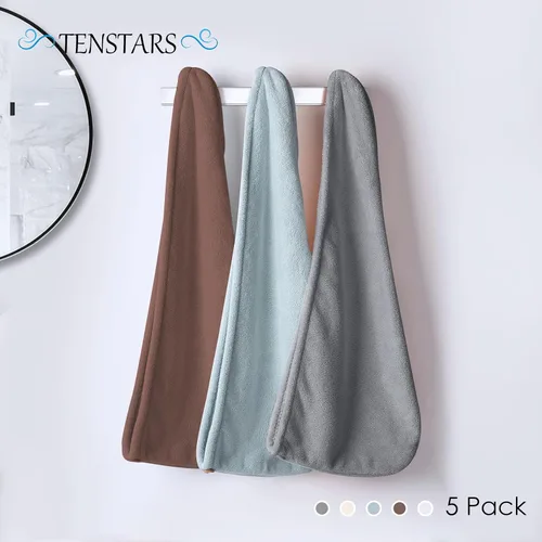 Miniatura 6 de TENSTARS Paquete de 5 Toallas de Microfibra Engrosadas para Cabello para Mujeres - Diseño de Lazo Elástico - 320GSM Terciopelo Coral - Turbante