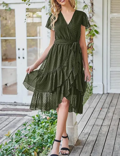Miniatura 2 de SDEER - Vestido de gasa con mangas con volantes y lunares para mujer, vestido de verano cruzado con cuello en V y volantes laterales, vestido midi