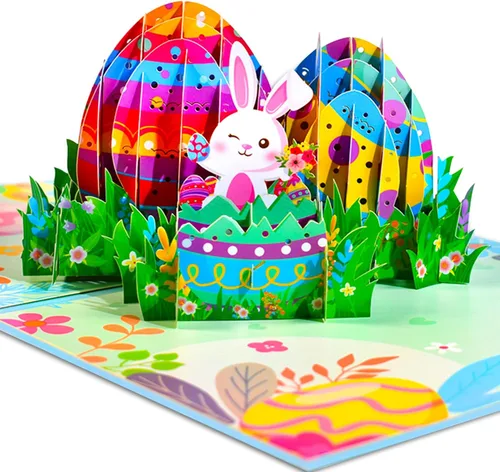 Miniatura 18 de GREETING ART Tarjeta desplegable de Pascua, diseño de ramo de conejo de cruz de lirio colorido 3D, tarjetas de felicitación de ramo de Pascua 3D