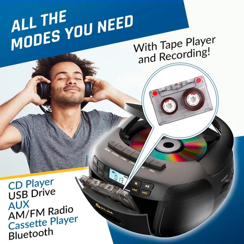 Miniatura 3 de Reproductor de CD y reproductor de cinta de cassette KLIM, Boombox Bluetooth, radio AM/FM, sonido estéreo, control remoto, combo de CD y cinta