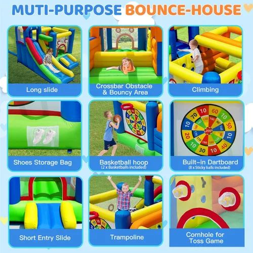 Miniatura 4 de Casa de rebote inflable HuaKastro - Área de juego inflable con obstáculo de barra transversal en gran área de rebote, 1x tobogán alto y 1x pequeño