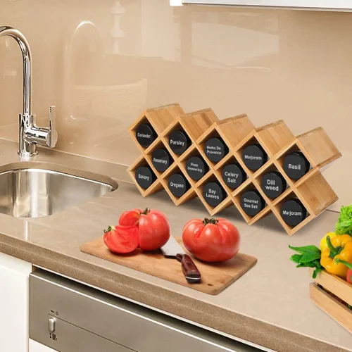Miniatura 7 de Criss-Cross - Organizador de especias de bambú para encimera de 18 tarros, armario de cocina, armario de pared, almacenamiento de especias