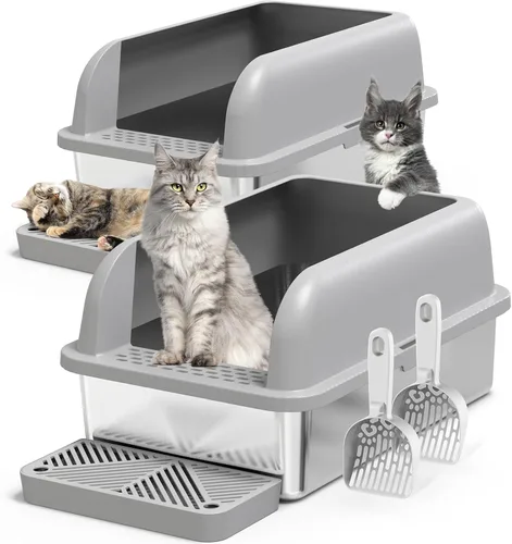 Miniatura 12 de Suzzipaws Caja de arena para gatos de acero inoxidable de 8 pulgadas de profundidad con tapa, caja de arena extra grande para gatos grandes, bandeja